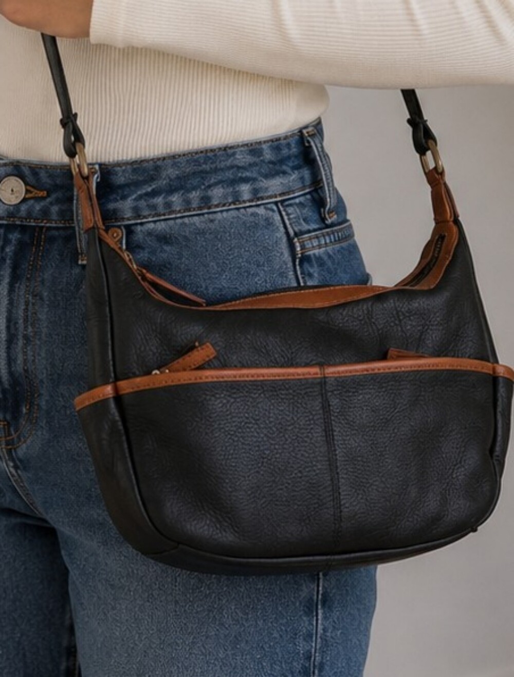 Derek Alexander Black Shoulder Hobo Bag with Brown Trim - Picture 2 of 13